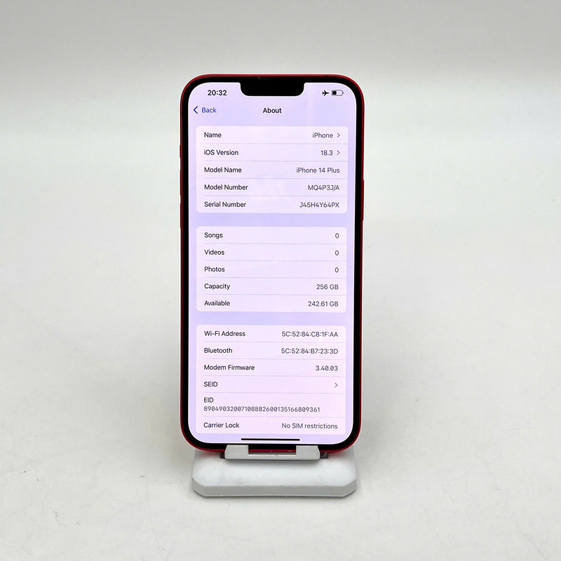 iPhone 14 Plus 256GB Red 98% battery 100% International from AU (No AU sim - Replaced battery, scratches on edges and back) - HH4234 