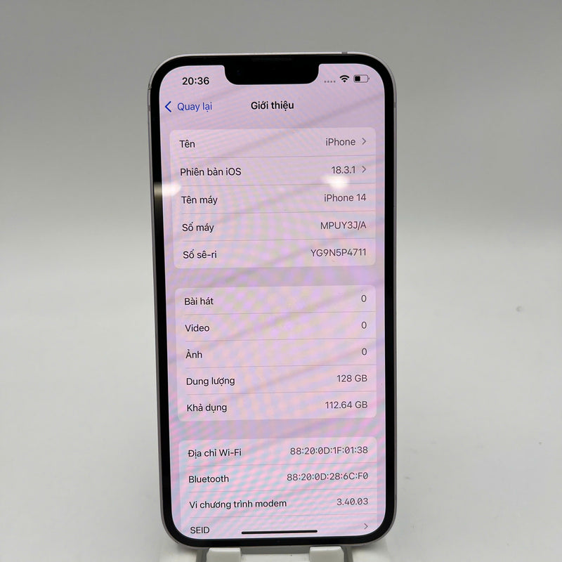 iPhone 14 128GB Purple 98% battery 85% International from SB (No SB sim - chipped edge, 1x spot, scratched orange edge) - HH9394 