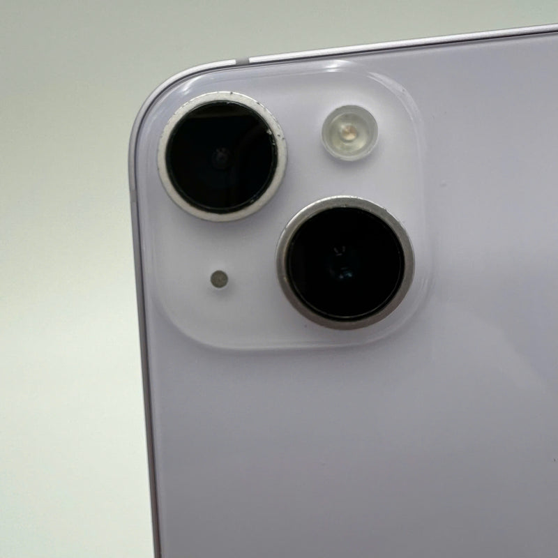 iPhone 14 128GB Purple 98% battery 85% International from SB (No SB sim - chipped edge, 1x spot, scratched orange edge) - HH9394 