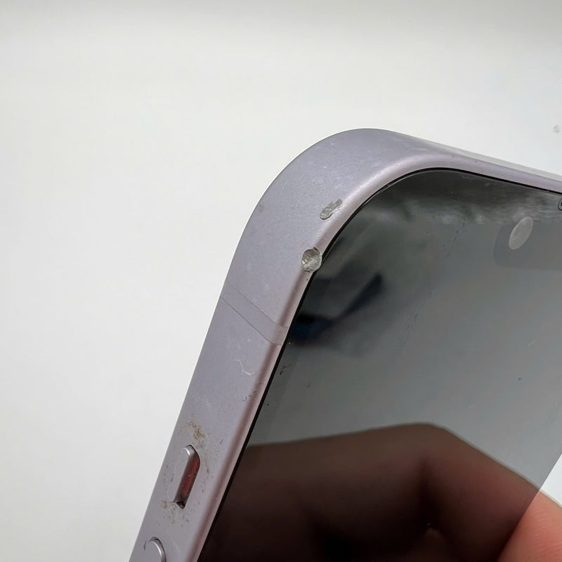 iPhone 14 128GB Purple 98% battery 85% International from SB (No SB sim - chipped edge, 1x spot, scratched orange edge) - HH9394 