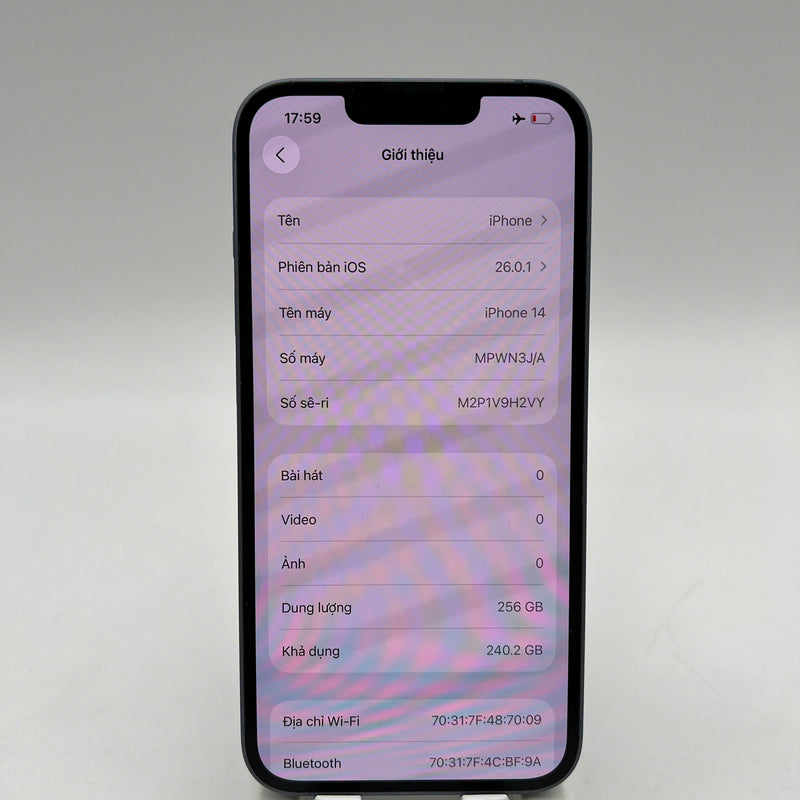 iPhone 14 256GB Blue 98% battery 100% Apple International (Replaced battery, dark edges, scratches on edges) - HH1939 