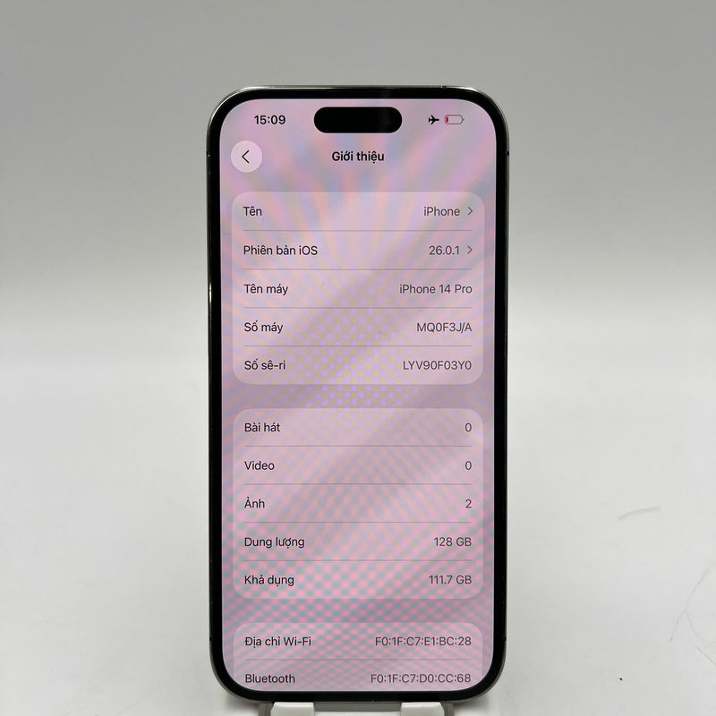 iPhone 14 Pro 128GB Purple 98% battery 100% International from DCM (No DCM sim used - Battery replaced, 0.5x/3x spots, scratches on orange edge, scratches on paint edge - HH4287 