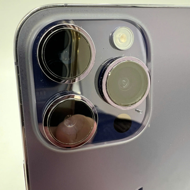 iPhone 14 Pro 128GB Purple 98% battery 100% International from DCM (No DCM sim used - Battery replaced, 0.5x/3x spots, scratches on orange edge, scratches on paint edge - HH4287 