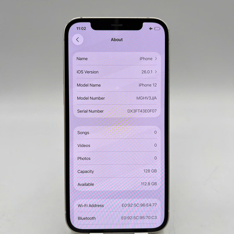 iPhone 12 128GB White 98% battery 100% International from SB (No SB sim used - Replaced battery, dented edges, 1x spot) - HH7131