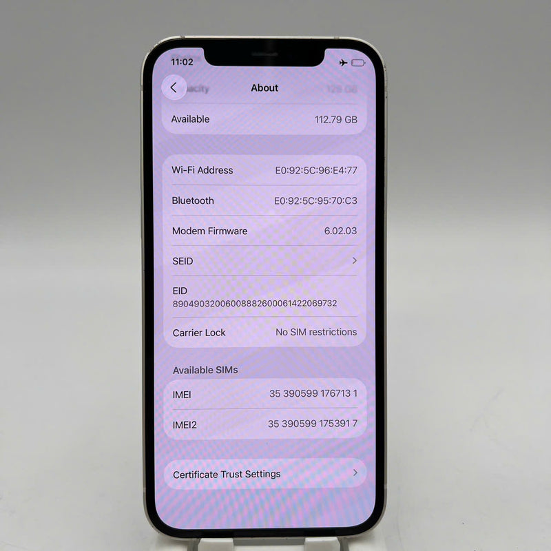 iPhone 12 128GB White 98% battery 100% International from SB (No SB sim used - Replaced battery, dented edges, 1x spot) - HH7131