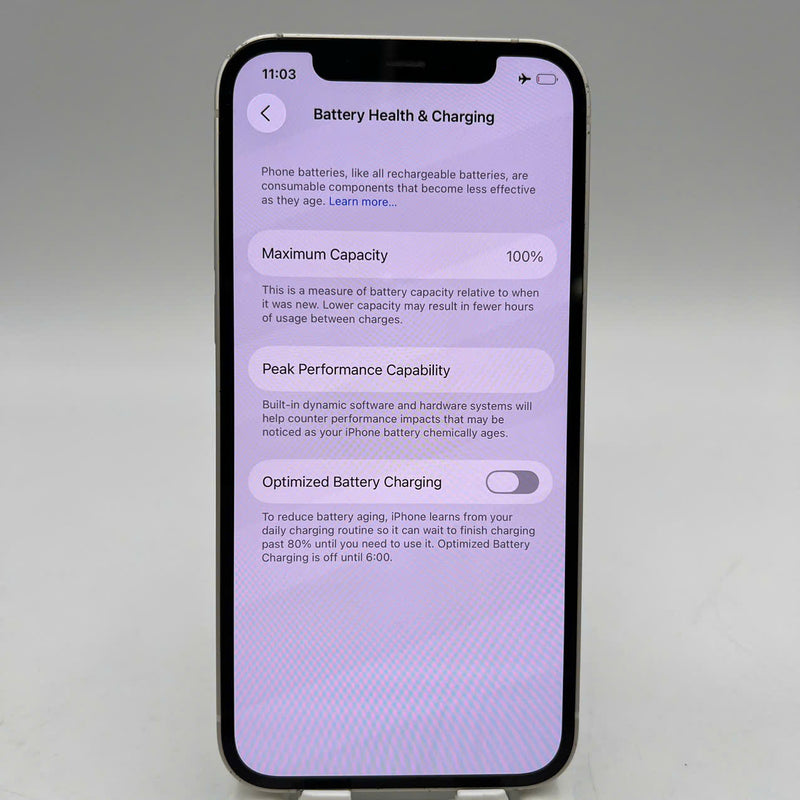 iPhone 12 128GB White 98% battery 100% International from SB (No SB sim used - Replaced battery, dented edges, 1x spot) - HH7131