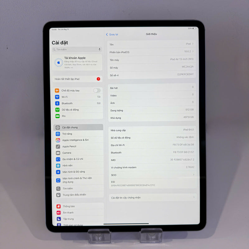 Ipad Air 7 M3 2025 13" 512GB Blue 5G + Wifi 99% Fullbox 100% battery International Apple (Charged 6 times) - HH8472 