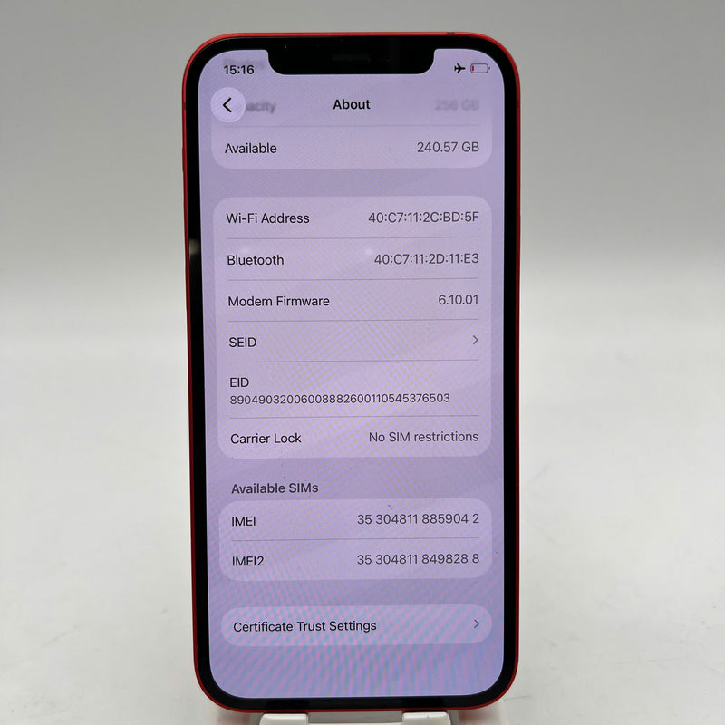 iPhone 12 256GB Red 98% battery 100% Apple International (Replaced battery, scratched screen, scratched paint border) - HH9042 