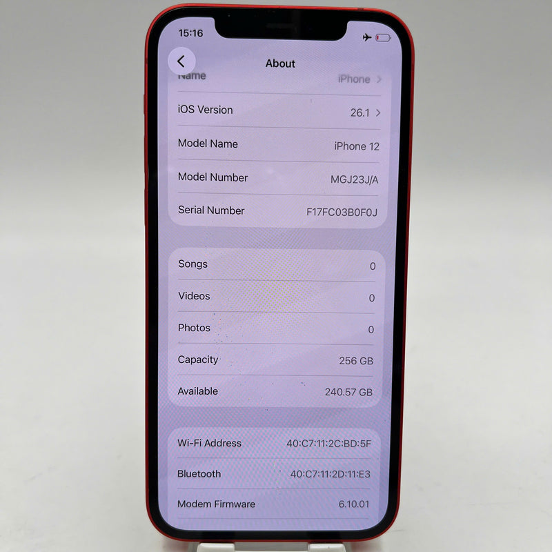 iPhone 12 256GB Red 98% battery 100% Apple International (Replaced battery, scratched screen, scratched paint border) - HH9042 