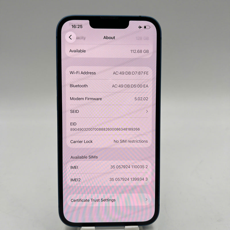 iPhone 13 128GB Blue 98% battery 100% International from SB (No SB sim - scratched edges, scratched orange edges, DTP) - HH0352 