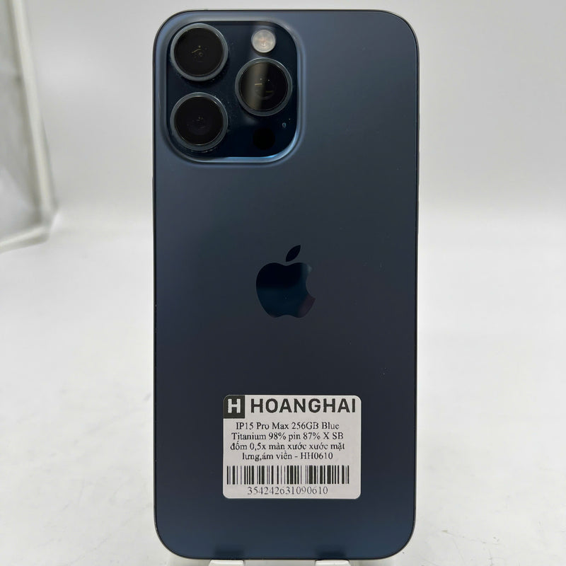 iPhone 15 Pro Max 256GB Blue 98% battery 87% International from SB (No SB sim - 0.5x spots, scratched screen, scratched back, dark edges) - HH0610 