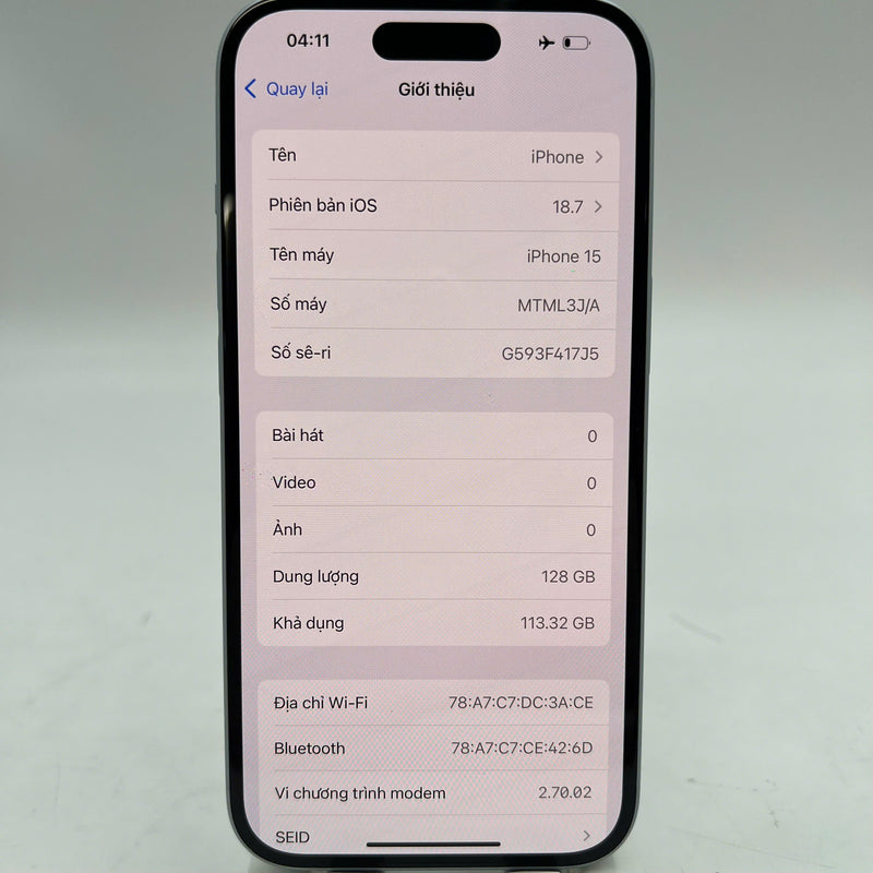 iPhone 15 128GB Blue 98% battery 87% International from AU (No AU sim - Scratched camera edge) - HH3935 