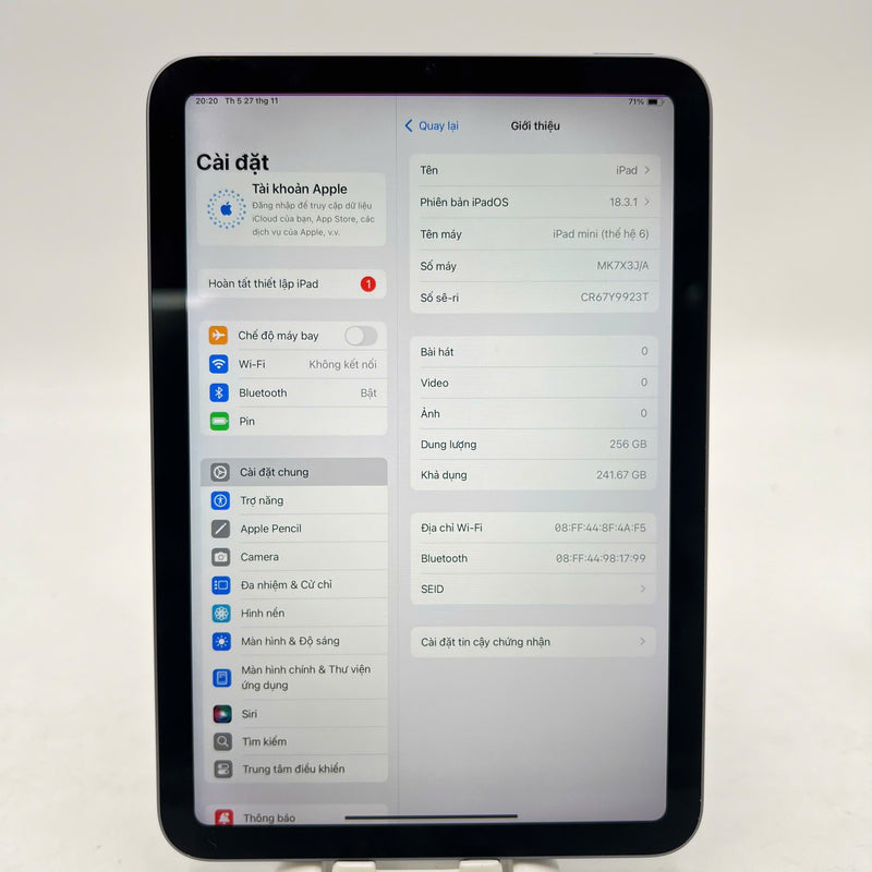 iPad Mini 6 8.3in 256GB Purple Wifi 98% Battery 93% (screen stripes, dented edges) 