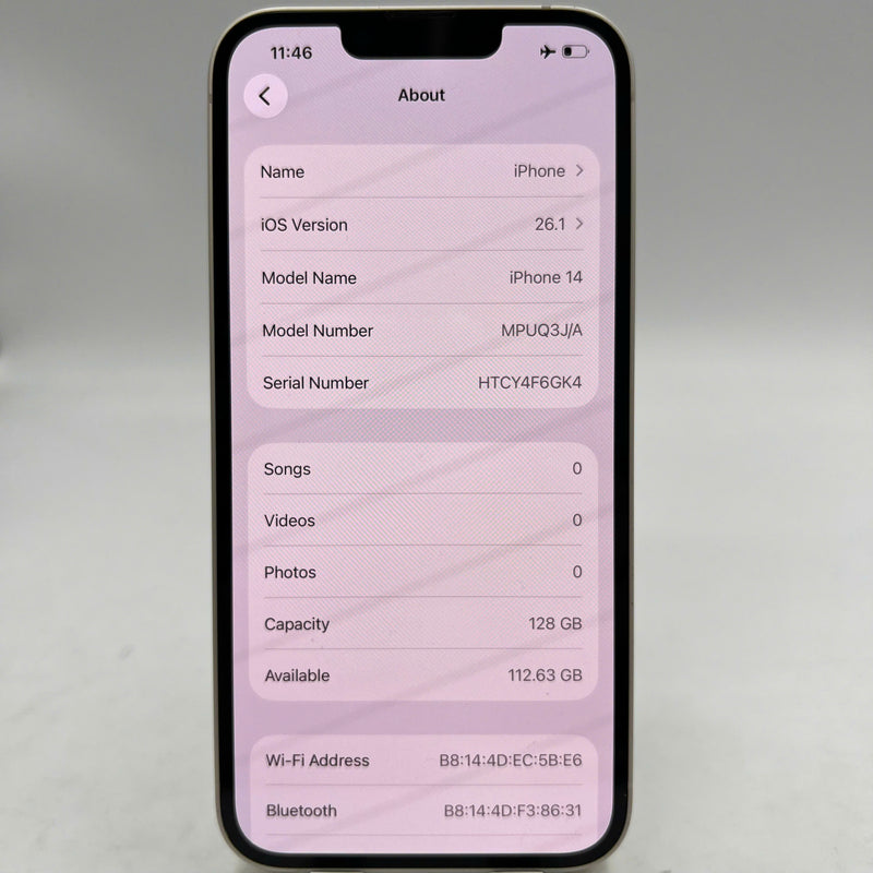 iPhone 14 128GB White 98% battery 100% Apple International (Replaced battery, replaced back glass, scratched edges) - HH8807 